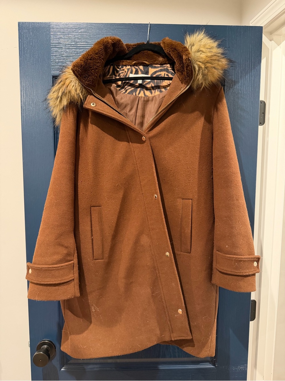 Nine West Brown Trench Coat with Faux-Fur Hood Trim